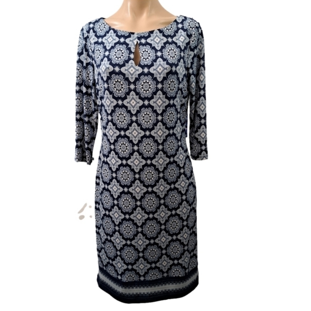 Liz claiborne blue & white ¾ sleve shift dress women's size small